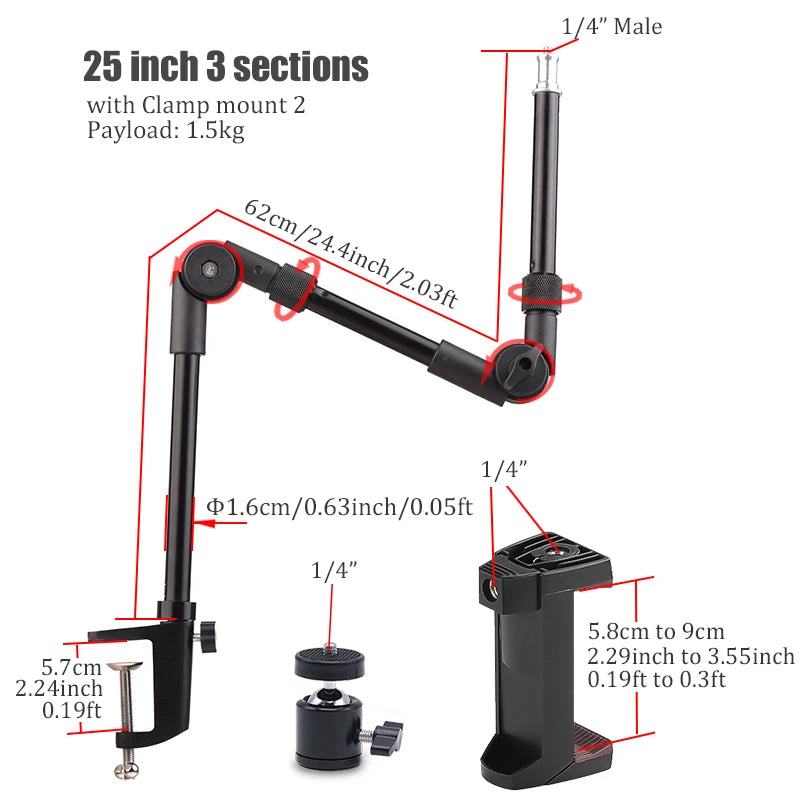 BFOLLOW Articulated Magic Arm 25" 32" Clamp Mount for DSLR Camera Camcorder Overhead Video Shooting Webcam Tablet Phone Bracket