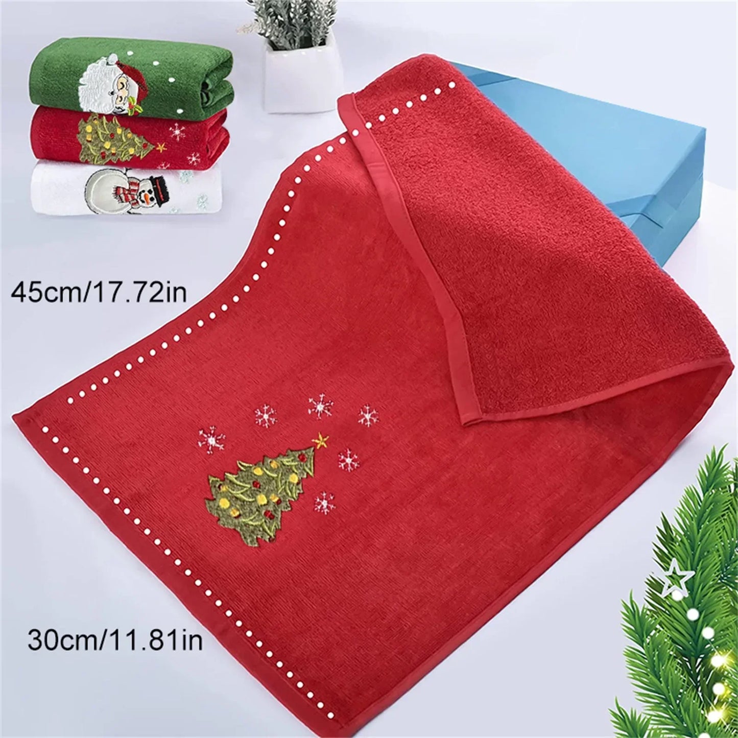 2025 New Year Towel Classic Solid Xmas Tree/Snowman/Santa Claus Embroidery Bath Towel 45x30cm Christmas Hand Towels Set