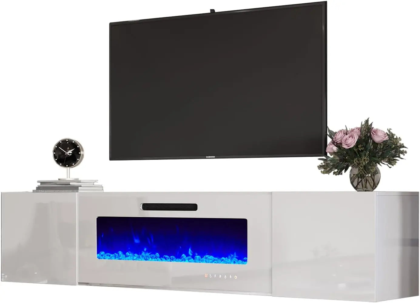 Floating Fireplace TV Stand, Wall Mounted Mirrored Entertainment Center 40" Electric ,LED Lights Media Console for TVs Up to 90"