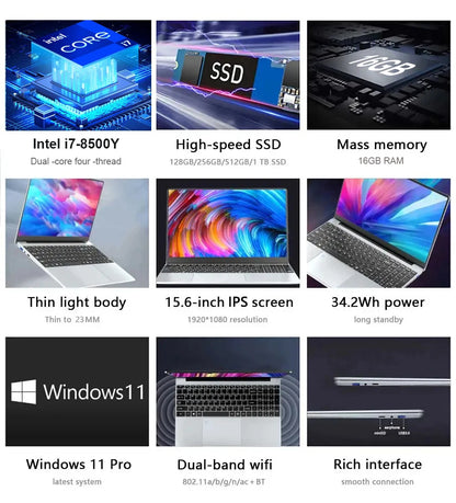 Portable i7 Laptop Computer PC Gamer Windows 11 Intel Core i7 8500Y 15.6 inch Office Study Laptops Fingerprint Unlock Notebook