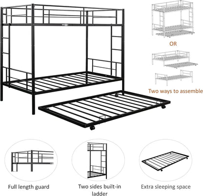 Twin Over Twin Metal Bunk Bed with Trundle Heavy Duty Bunk Beds Frame with 2 Side Ladders Convertible Bunkbed with Safe