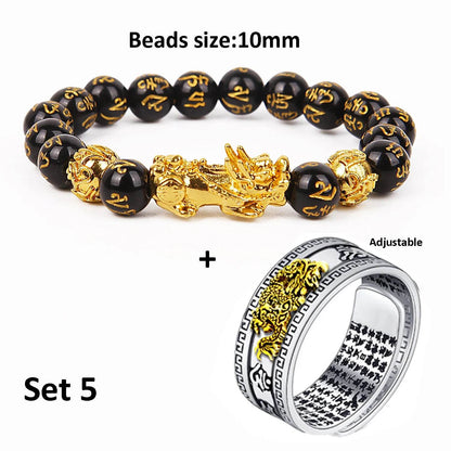 Unisex Men Pixiu Charms Ring Bracelet Chinese Feng Shui Amulet Wealth and Lucky Open Adjustable Ring Bead Bracelet - MarvelouStoree