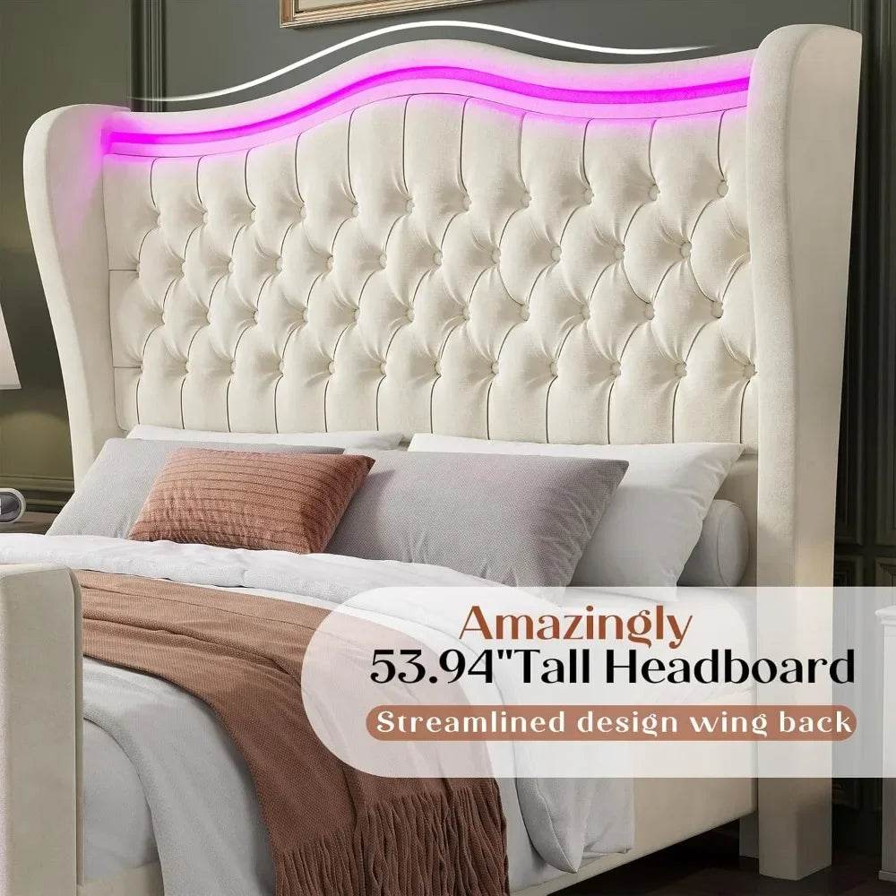 King Size Bed Frame with LED Lights, 53'' Upholstered Platform Wingback Bed with Handmade Deep Button Tufted Headboard Footboard - MarvelouStoree