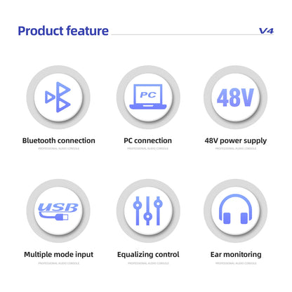 V4 Audio Interface Mixer with Bluetooth USB Recording Computer 48V Phantom Power Delay Replay Effects, 4-Channel Audio Mixer