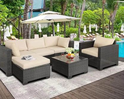 Q6 pieces set outdoor sectional wicker furniture patio couch with Ottoman for lawn, balcony, garden - MarvelouStoree