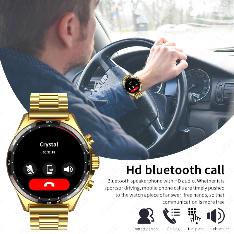 LIGE 2024 Smartwatch for Porsche Smart Watch Men Digital Watches Outdoor Sports Compass and NFC Bluetooth Call Wristwatch Golden