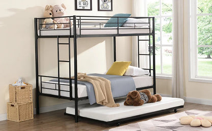 Twin Over Twin Metal Bunk Bed with Trundle Heavy Duty Bunk Beds Frame with 2 Side Ladders Convertible Bunkbed with Safe