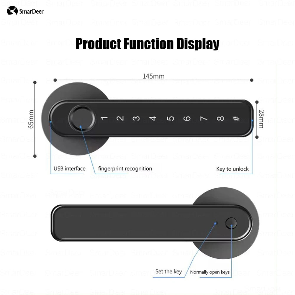 SmarDeer Electronic lock for Tuya Smart Lock Indoor BLE Fingerprint Lock with 60/70mm Latch Smartlife/Tuya APP Remote Unlock