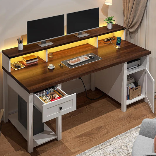 55" Computer Desk with Drawers Farmhouse Desk with Long Monitor Stand Reversible Wood Desk with Power Outlets Large Home Office