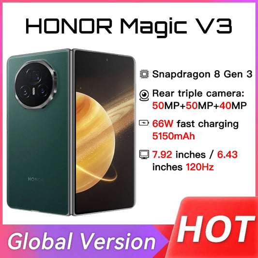 Honor Magic V3 Global Version 5G Phone Foldable LTPO 7.92" OLED 120Hz Display 5150mAh 66W 50MP Rear Cameras Snapdragon 8 Gen 3