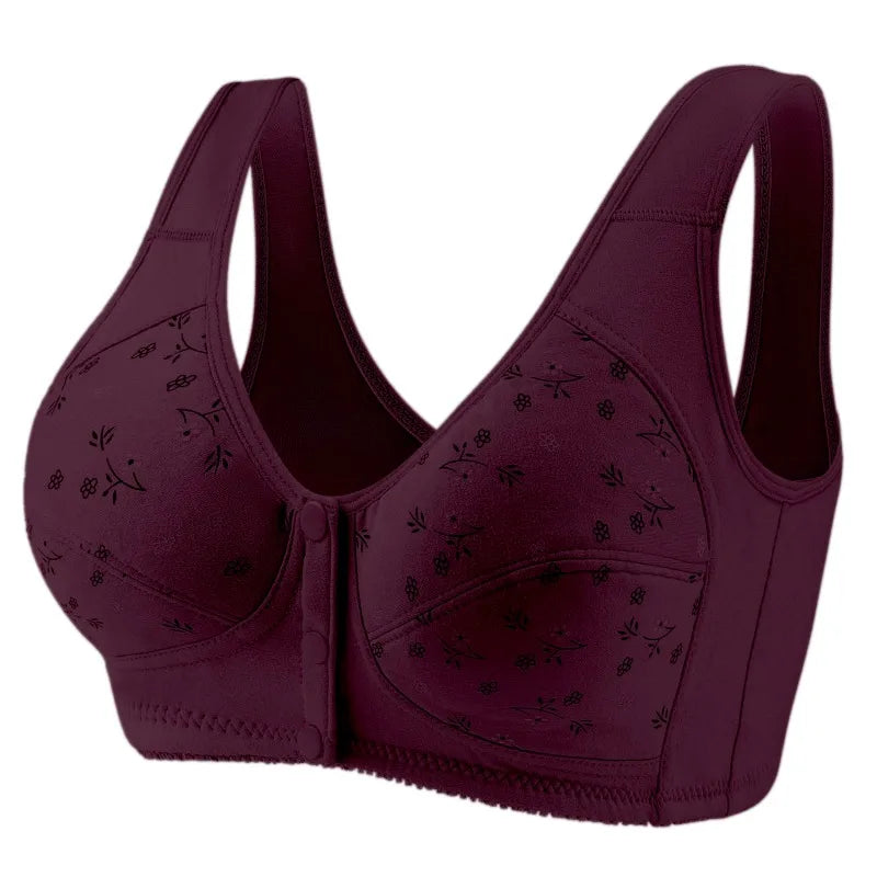 Women's Full Cotton Bras Front Closure Bra Printed Front Soft Cotton Middle-aged And Elderly Bras Plus Size Button Underwear