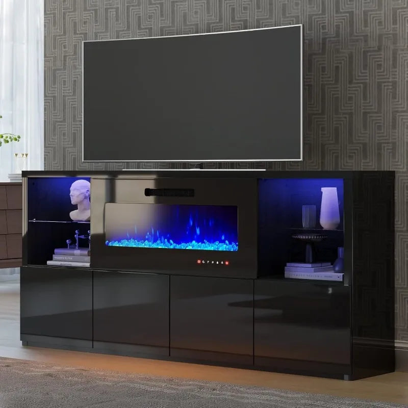 Modern High Gloss 68" Fireplace TV Stand, Media Entertainment Center with Fireplace & LED Lights for TVs up to 78", TV Console