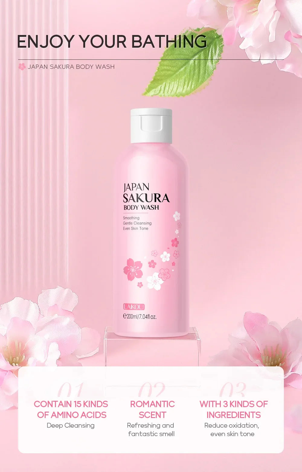 LAIKOU Sakura Shower Gel Long Moisturizing Smooth Long Lasting Fragrance Gentle Foam Body Cleansing Bath Product 200ml