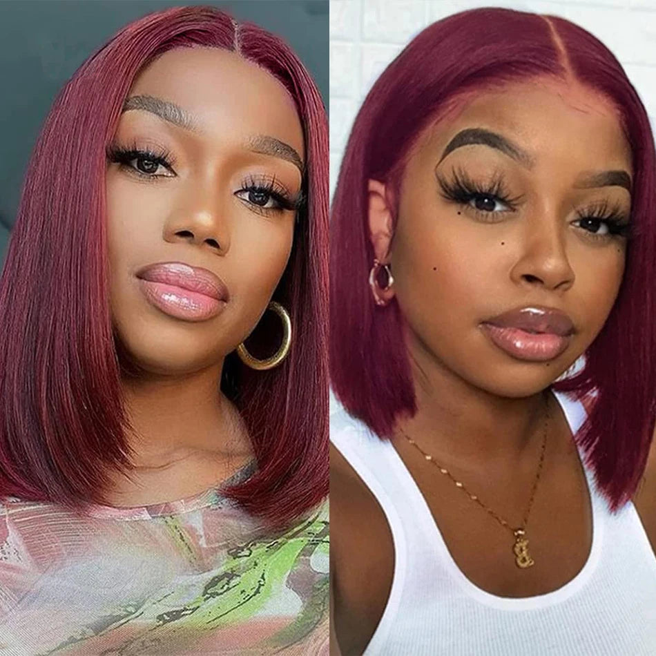 99J Burgundy Straight Bob Wigs Wear and Go Glueless Wigs 13x4 Lace Front Human Hair Wigs Pre Cut No Glue For Women Red Colored