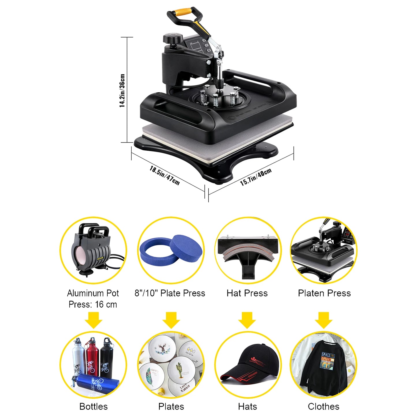 VEVOR 5/8in1 15x15"/12x15" Dual-tube Heating Insulation Cotton Heat Press Sublimation Machine 360° Swing Design for T-shirts Etc