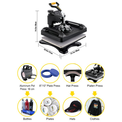 VEVOR 5/8in1 15x15"/12x15" Dual-tube Heating Insulation Cotton Heat Press Sublimation Machine 360° Swing Design for T-shirts Etc