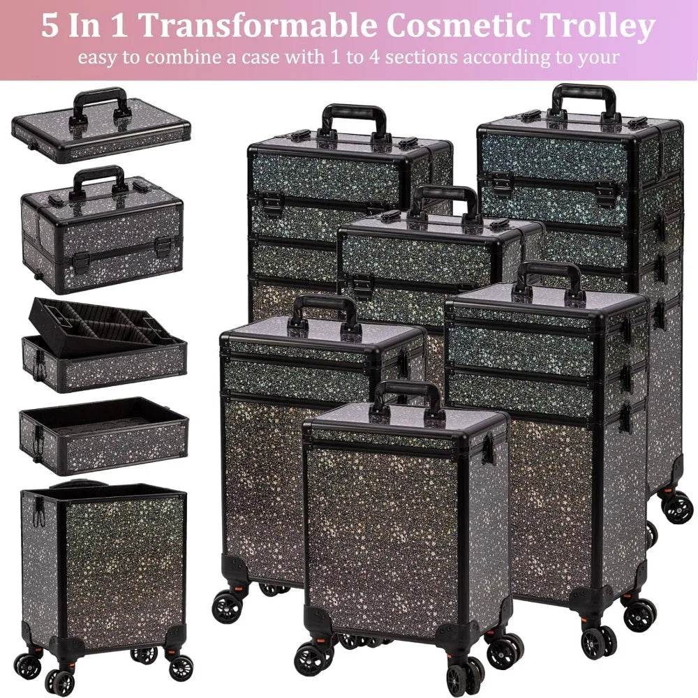 Rolling Makeup Train Case Large Storage Cosmetic Trolley 5 in 1 Large Capacity Trolley Makeup Travel Case with Key Swivel Wheels - MarvelouStoree