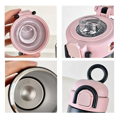 Cute Insulated Water Bottle Tumbler Kawaii Stainless Steel Thermos With Handle Straw For Coffee Tea Juice Portable Thermal Cups