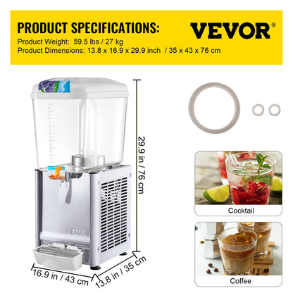 VEVOR Commercial Beverage Dispenser 18L 1/2/3 Tank Cold Beverage Dispenser Stainless Steel Juice Dispenser Thermostat Controller