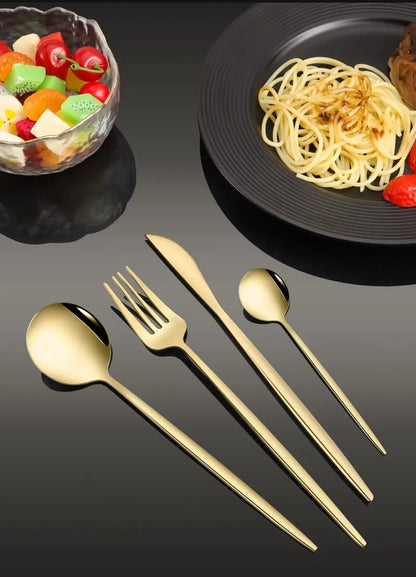 4Pcs Golden Cutlery Set Stainless Steel Knife Fork Spoon Tableware Flatware Set Festival Kitchen Dinnerware Gift