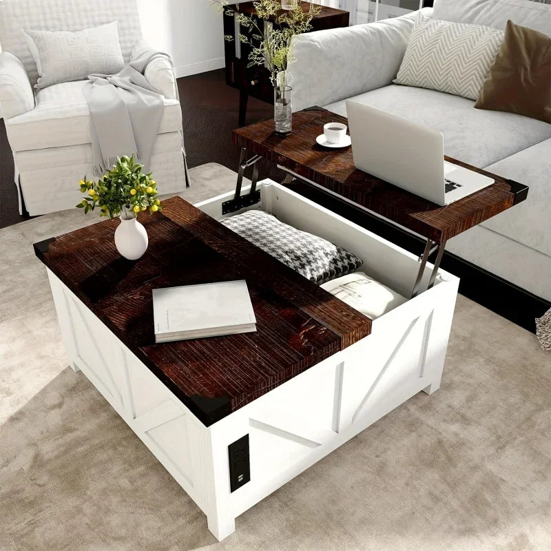 Lift Top Coffee Table with Storage, Wood Square Center Table with Charging Station&USB Ports,Living Room Central Table