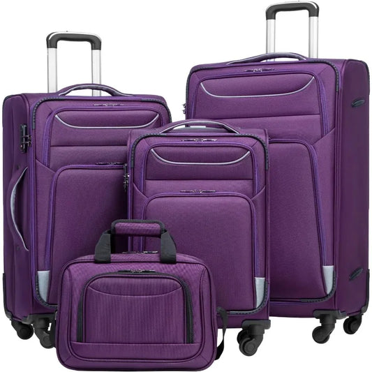 Luggage 4 Piece Set Suitcase Spinner TSA Lock Softshell lightweight purple+sliver