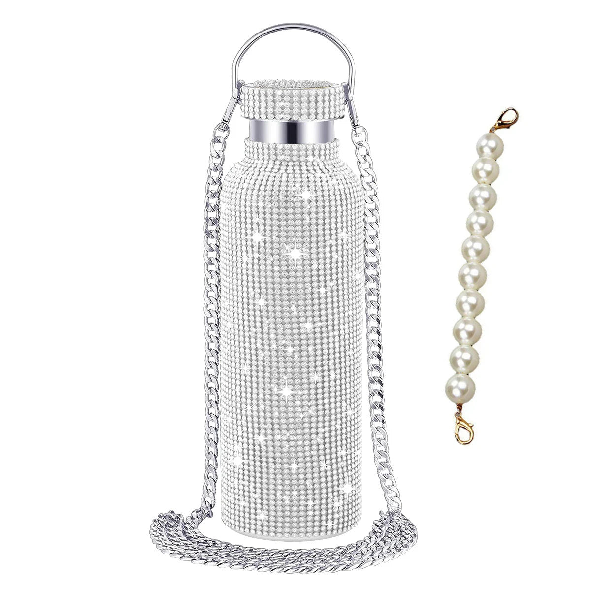 500/750/1000ml Diamond Thermos Bottle With 2pcs Chain Portable Rhinestone Water Bottle Double Wall Stainless Steel Thermal Flask