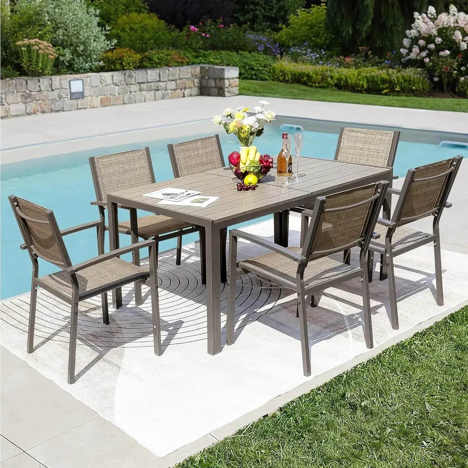 7 Piece Terrace Dining Outdoor Furniture Set with Weatherproof Table and 6 Stackable for Garden - MarvelouStoree