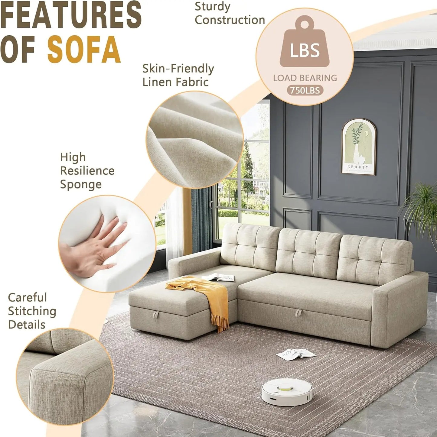 81.5" Sectional Sleeper Sofa with Storage Chaise, L Shaped Pull Out Couch Bed with 3 Removable Back Cushion for Living Room,Apar