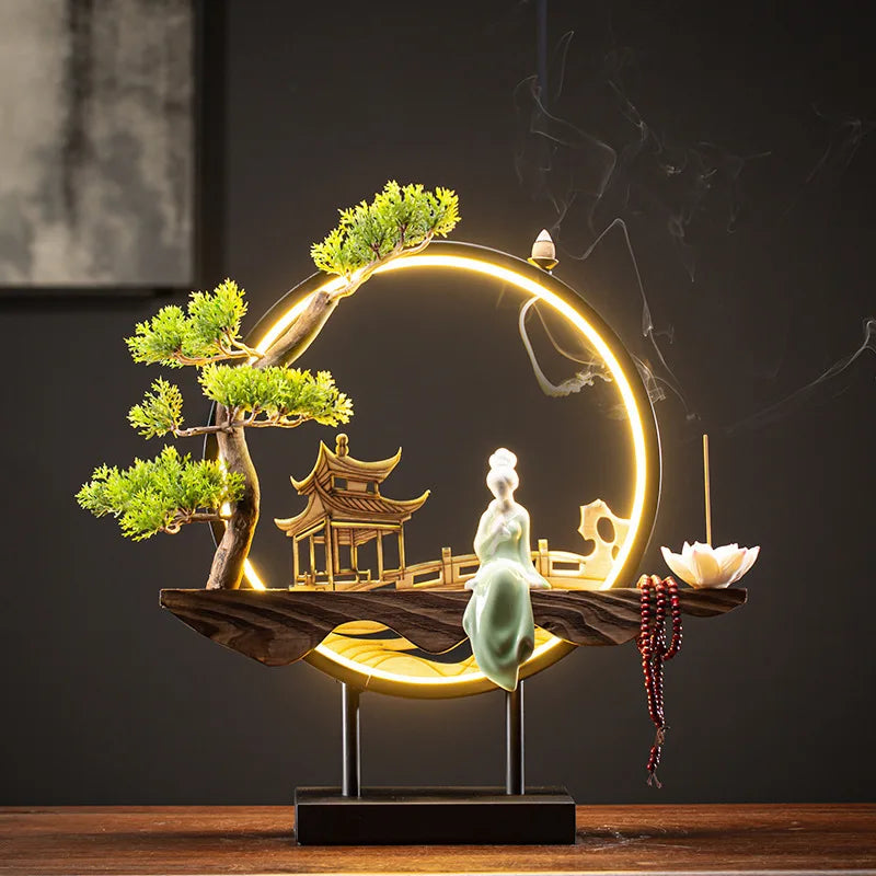 USB Light Ring Ornament LED Light Reflux Incense Burner Simulation Tree Ceramic Lotus Buddha Bead Home and Office Decoration