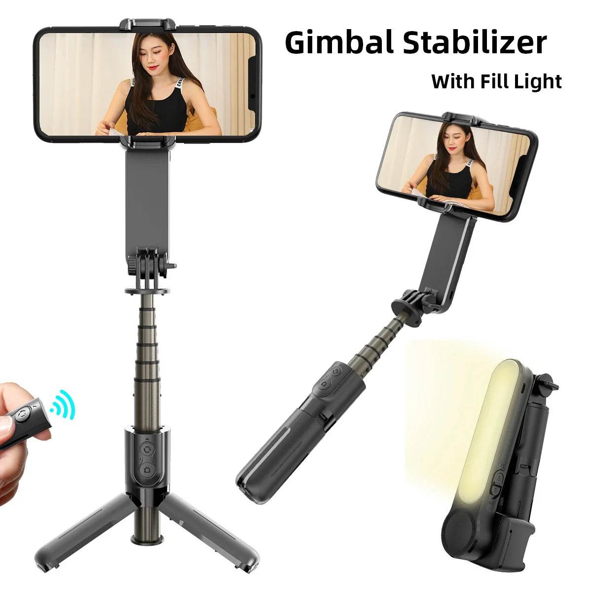 Handheld Gimbal Stabilizer Selfie Stick Tripod with Removable Fill Light Wireless Remote Portable Phone Stand Holder - MarvelouStoree