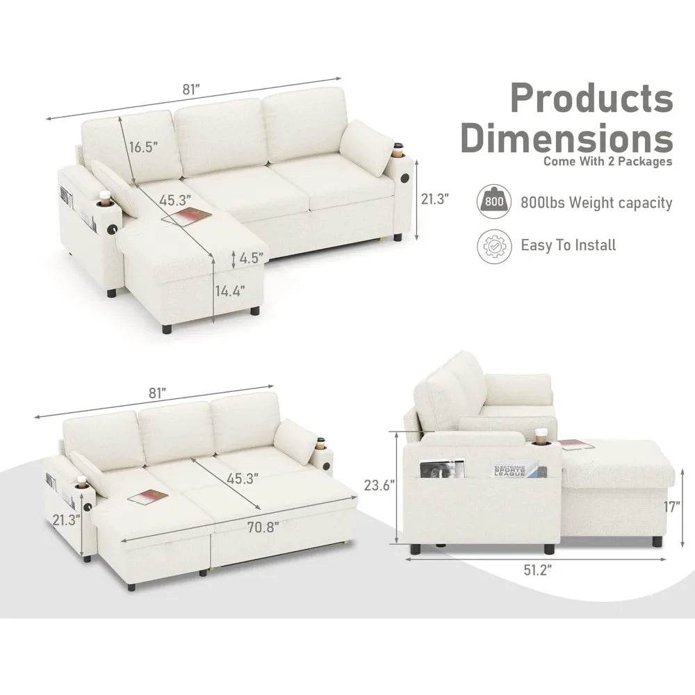 Sofa Bed Sleeper Pull Out 2 in 1 Sectional Sleeper Sofa Couches with Storage,USB, Cup Holder,Pullout Sectional Couches - MarvelouStoree