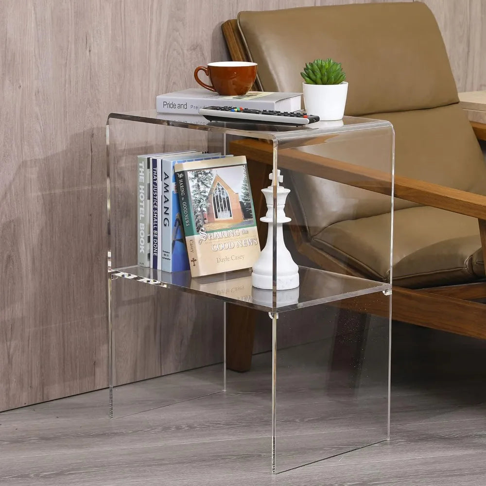 24 Inch Premium Clear Acrylic End Table, Decorative Living Room Side Table with 2 Tier Display Shelf