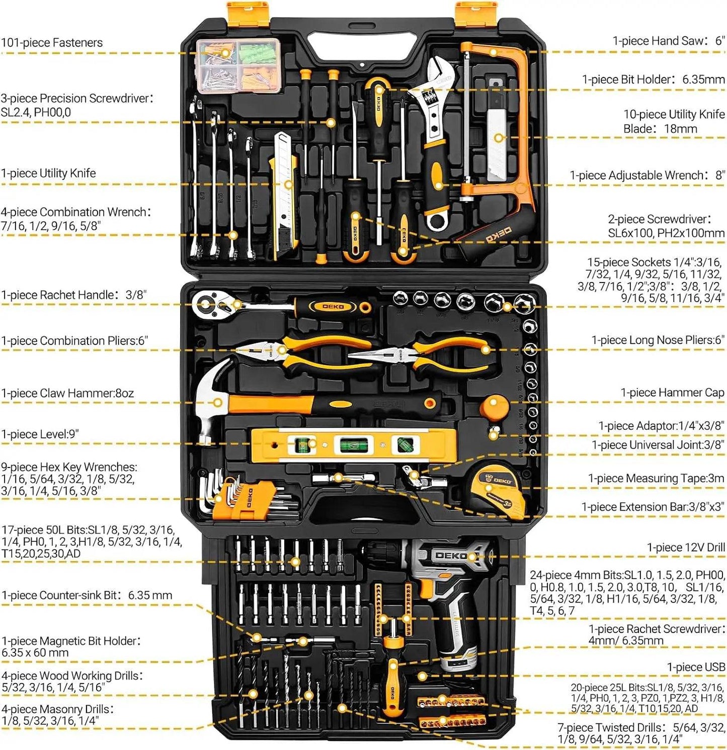 Kit Box Drill Set：Home Mechanic Toolbox with 12V Power Cordless Drill Hand Repair Tools Sets Combo Kits Storage Org - MarvelouStoree