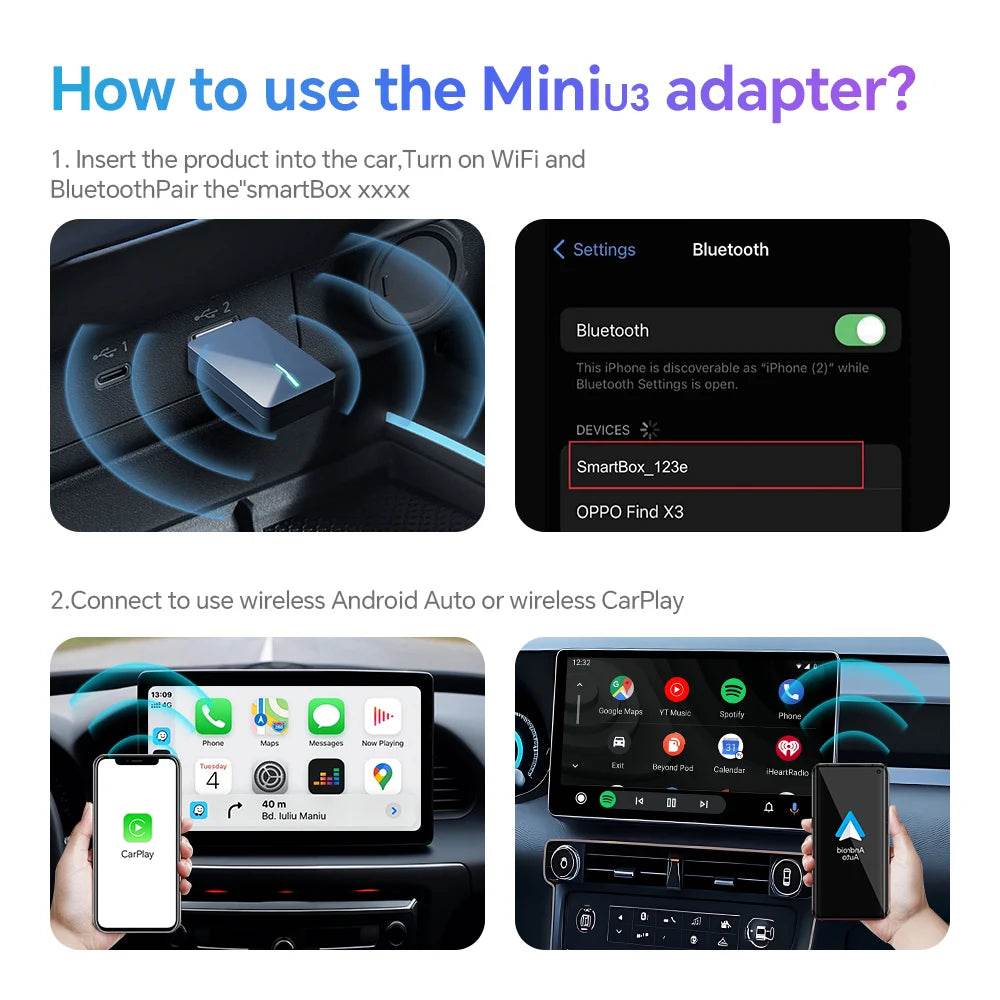 BYLITU New 2in1 MINI U3 Wireless CarPlay Android Car Wireless Adapter Smart Mini Box Plug and Play WiFi Fast Connection with USB - MarvelouStoree