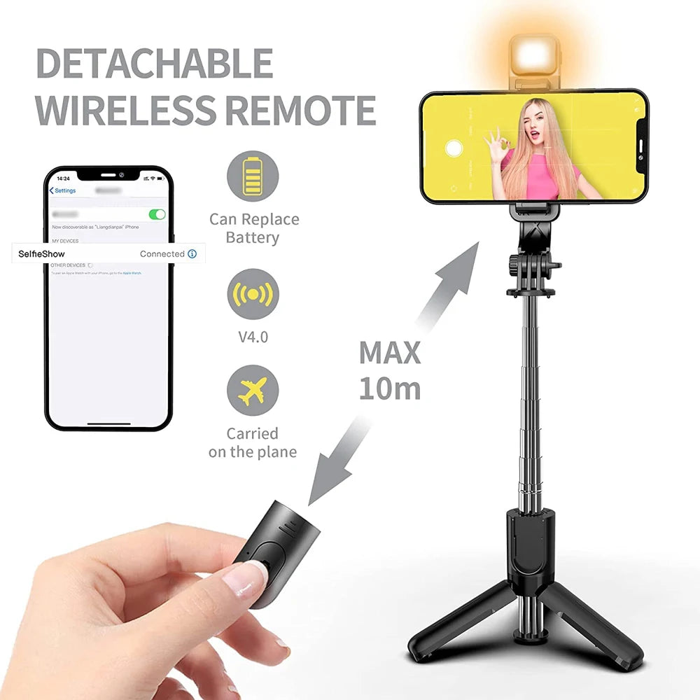 Wireless Bluetooth Selfie Stick Foldable Portable Tripod with Fill Light Shutter Remote Control for Android iPhone Smartphone