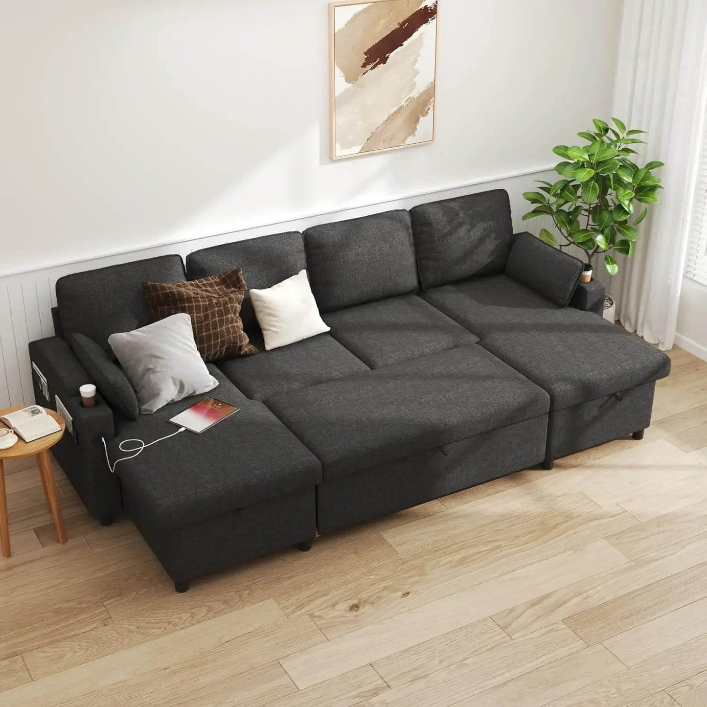 DURASPACE Sofa Bed Pull Out Couch Sleeper with Storage Chaise, with USB Charging Ports, Cup Holder - MarvelouStoree