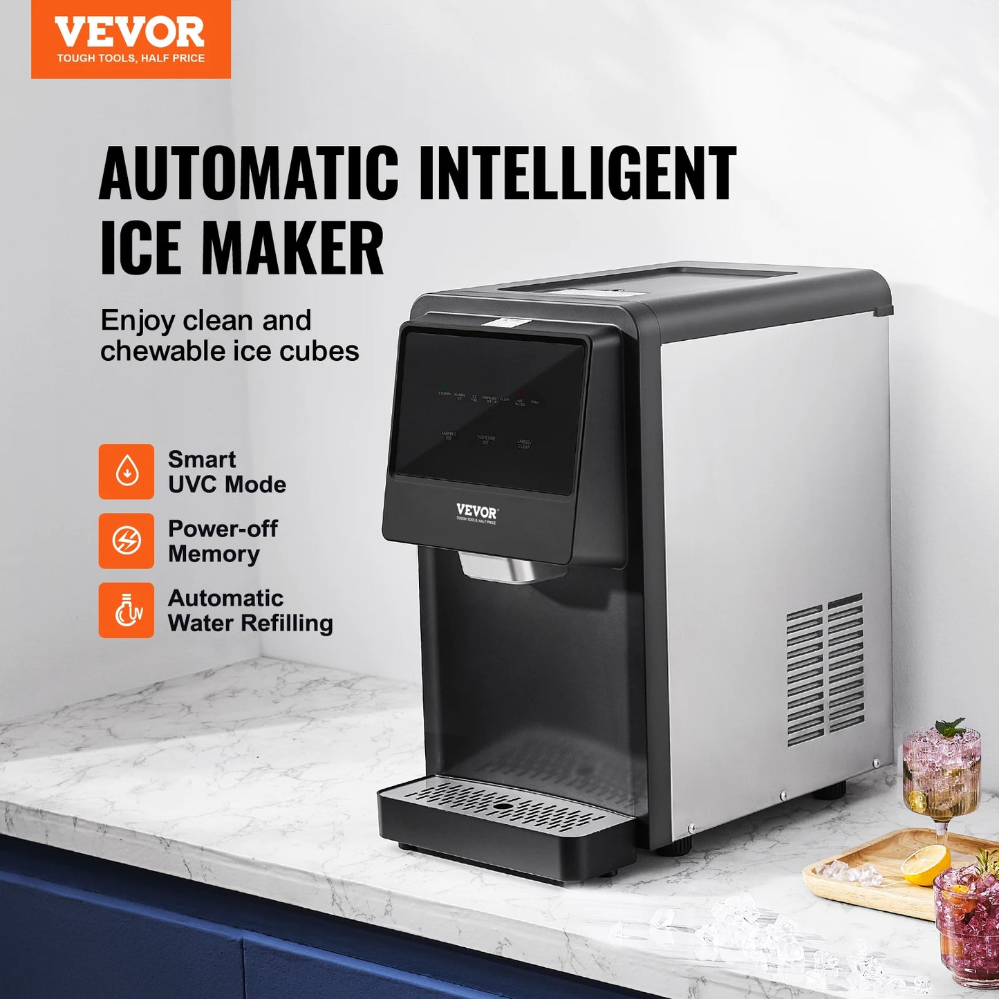 VEVOR Countertop Nugget Ice Maker Auto Self-Cleaning Portable Ice Maker with Water Filling Pipe Water Filter and Drainpipe