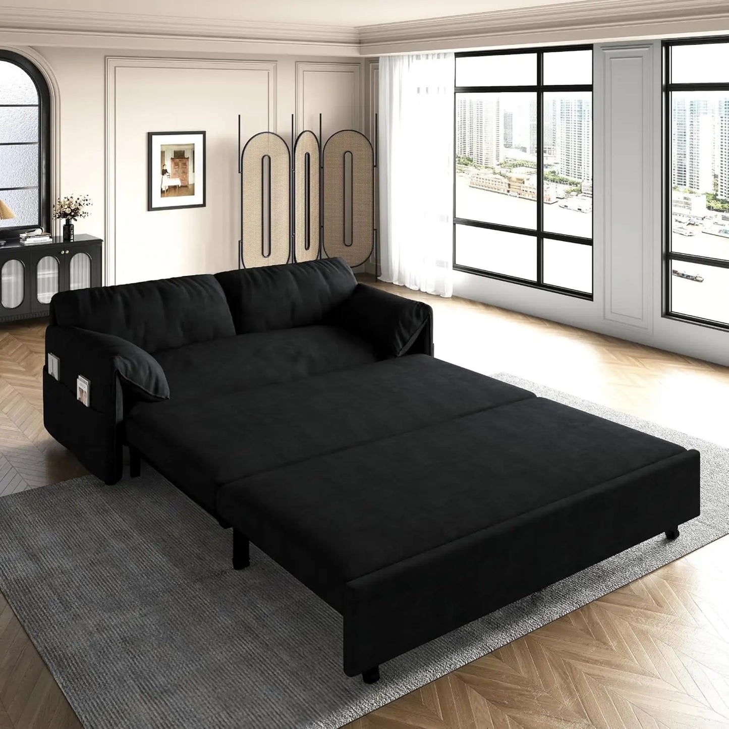 Sofa Bed, Comfy Pull Out Futon Couch Bed 70.1" Modern Velvet Recliner Loveseat Sofa Multi-Functional Black Cloud Couch