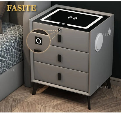 3 Drawers Smart Bedside Table with Wireless Charging Solid Wood Bedroom End with Fingerprints Lock Hotel Nightstands