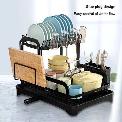 2 Tier Dish Bowl Drainer Storage Rack Kitchen Dish Drying Rack with Drain Basket Countertop Dinnerware Organizer Drainboard