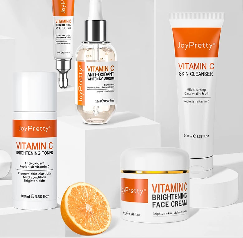 JoyPretty Vitamin C Skin Care Set Face Whitening Dark Spots Cream Serum Gentle Cleaning Deep Moisturizing Pore Shrinkle Skincare