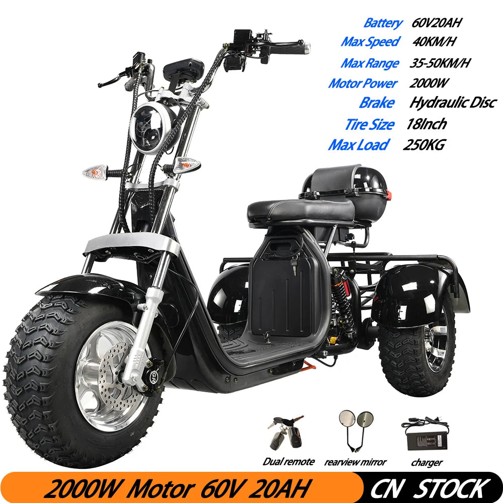 Adult Electric 3 Wheel Scooter 2000W Motor Max Speed 35-45KM/H Max Load 250KG 18 Inch Off road Fat Tire Electric Scooter