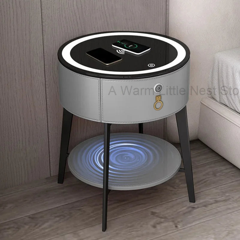 Round Tiny Table Bedside Table Voice-activated Smart Multifunction Lock Wireless Coffee Charging Nightstands Bedroom Cabinets