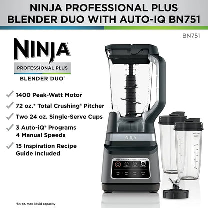 BN751 Blender, 1400 Peak Watts, 3 Auto-IQ Programs for Smoothies, Frozen Drinks & Nutrient Extractions