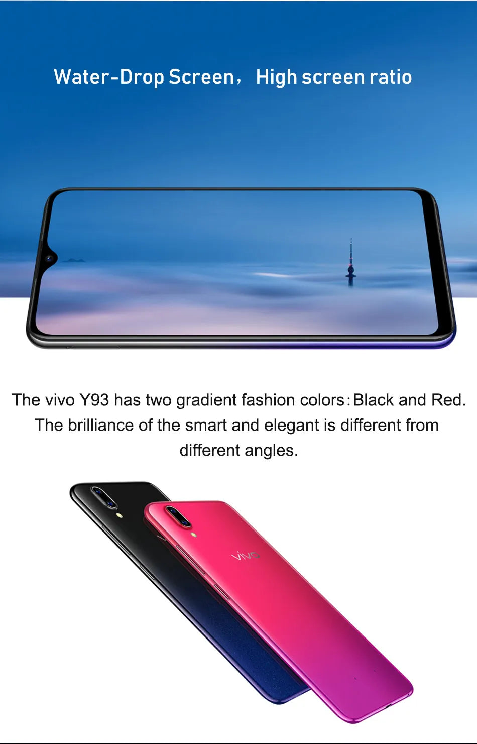 VIVO Y93 Smartphone 4GB RAM 64GB ROM Octa core Android 8.1 6.2'' 13MP+2.0MP Camera Face ID cellphones Dual SIM