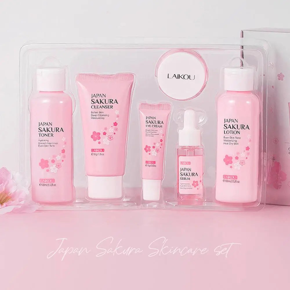 Sakura Facial Cleaner Korean Face Serum Anti Acne Peeling Gel Moisturize Fade Dark Circles Eye Cream Skin Care Set women gift