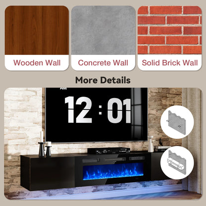 Floating TV Stand with 36" Electric Fireplace,Wall Mounted Fireplace Entertainment Center,70" TV Console with Fireplace