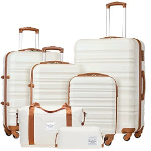 Luggage Set 4 Piece Luggage Set ABS hardshell TSA Lock Spinner Wheels Luggage Carry on Suitcase WHITE-BROWN, 6 piece set