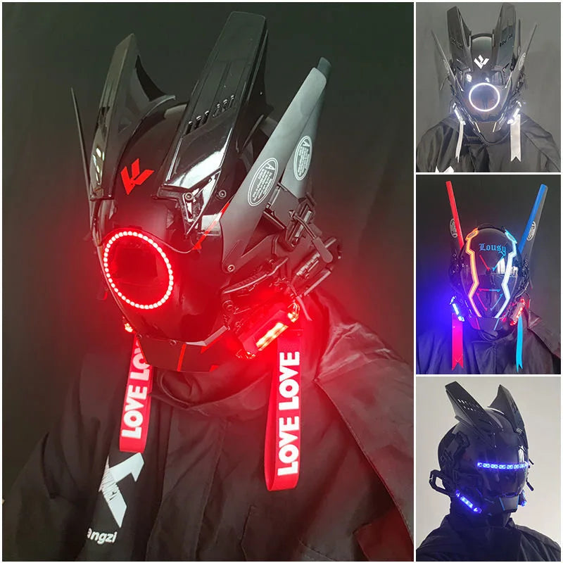 Cyberpunk Mask Round Light Wing Braid Triangle Light Festival LED Light Techno Sense Boy Helmet Cosplay Mask  Mascaras